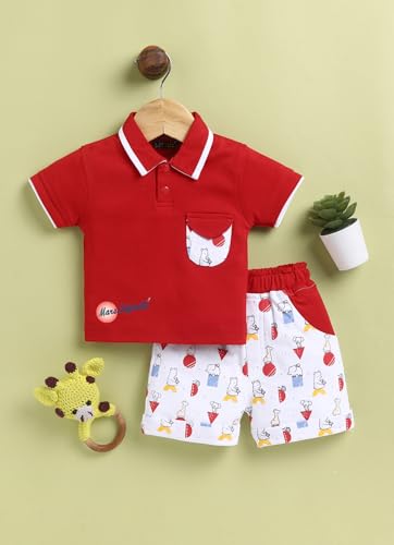 Image of Pure Cotton Collared T-Shirt and Half Pant Set for Kids