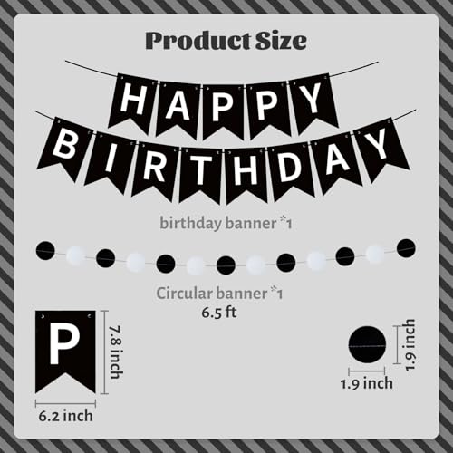 Image of ZHENGYE Black Birthday Party Decorations Set: Happy Birthday Banner, Circle Dots, Stars Swirls Streamers, Black, White & Silvery Balloons, Confetti Balloons
