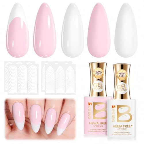 Image of Beetles French Tip Gel Polish - Blush Moonlight, 2 Colors HEMA-Free Summer White Pink Gel Nail Polish Set 15ML with Styles Stickers, Same Color Bottle, Soak Off UV LED Nails