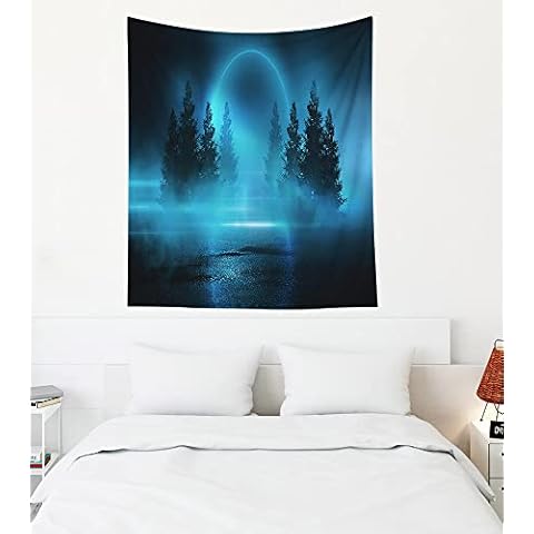 EMMTEEY Misty Forest Tapestry Moonlight Shine Dark Natural Scene with Reflection of in the Water Neon Blue Tapestry Wall Art 50X60 Tapestry Cover