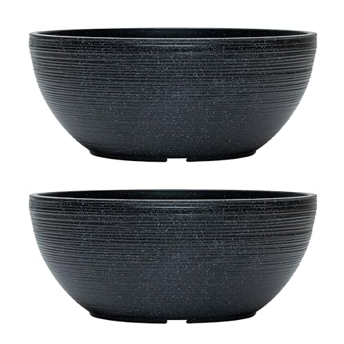 simpa Grooved Speckle Bowl Pot Plastic Planter - Suitable for Indoor or Outdoor Use - 13cm (H) x 35cm (Dia) (2, Black)