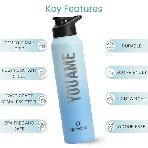 Image of Speedex Engraved Name Stainless Steel Sipper Water Bottle 1 Ltr - Customised Personalised Bottle for Kids & Adults, School, Gym, Sports, Black, Set of 1 (Dual Blue, Set Of 1)