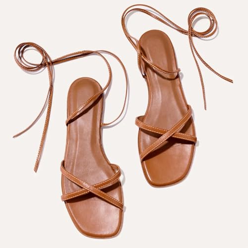 Strappy Flats Sandals for Women Comfortable Square Toe Lace Up Slides Beach Gladiator Wrap Sandal Shoes4