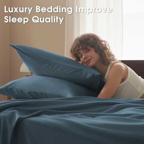 Image of Cal King 4 Piece Sheet Set - Comfy Breathable & Cooling Bed Sheets Set, Soft and Wrinkle Free, Deep Pockets, Easy & Secure Fit, Hotel Luxury Bedding - Oeko-Tex - Denim Blue