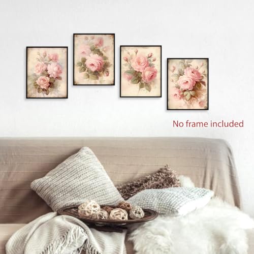 Image of laveliabel Vintage Pink Rose Wall Art Prints Set of 4 Unframed, Floral Wall Decor, Shabby Chic Pink Floral Botanical Poster Prints for Cottagecore Home Room Wall Decor 8x10 Inches