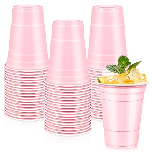 LANLISA 50 Light Pink Plastic Cups 16 oz Disposable Cups Drinking Cups For Birthday Party Valentines Baby Shower Easter Party Mothers Day