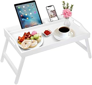 Breakfast Bed Tray Table with Handles Folding Legs Bamboo Bed Tray with Media Slot,Foldable Platter Tray, Laptop Desk,Snack,TV Bed Tray Kitchen Serving Platters Tray (White)