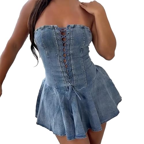 Image of Sexy Tube Denim Dress Corset Strapless Ruffled Hem Jean Mini Dress