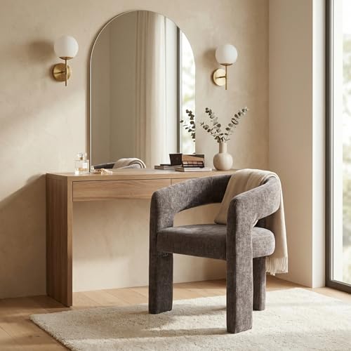 Image of HNY Modern Barrel Kitchen & Dining Room Chair, Chenille Upholstered Accent Chair with Arm, 18.5'' Wide Side Armchairs Vanity Chairs for Living Room Bedroom Makeup Small Spaces, Charcoal Grey
