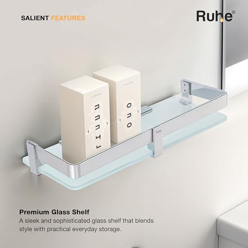 Image of Ruhe Premium Vetra Bathroom Glass Shelf | Multipurpose Wall Mounted Shelves Rack for Kitchen /Living Room - Bathroom Accessories 12 x 5 inches (Chrome Finish)