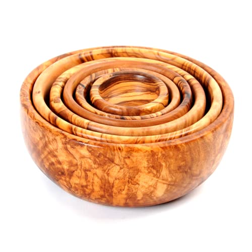 BeldiNest Stackable Handcrafted olive wood Bowls for Salad, Pasta, Fruit -Acai Smoothie, Snak, Nuts, Wooden Kitchen Nesting Bowl Set - Diameters: 6.25