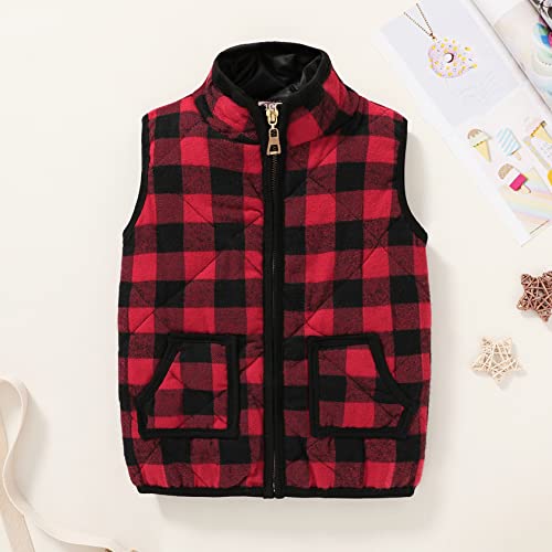 Mamami Kid Little Girls Puffer Lightweight Plaid Quilted Vest Cute Winter Outwear Padded Outfit(7-8 Years, Red&Black) #TOP1