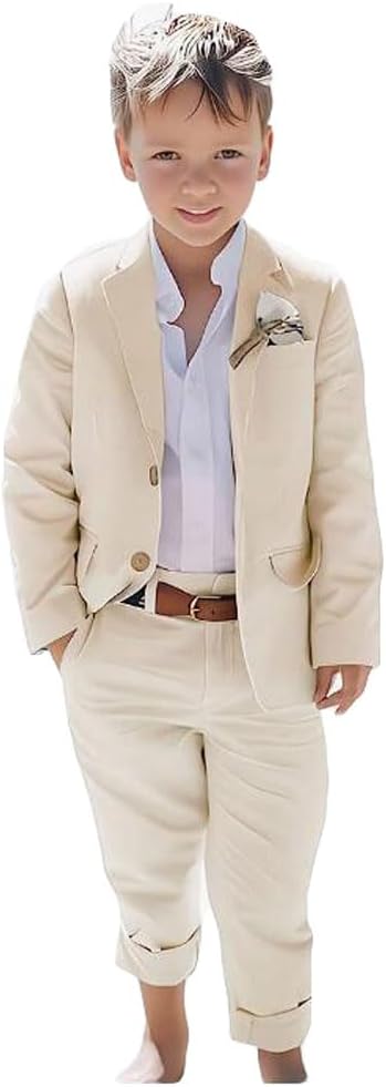 2 PC Linen Boys Suit Slim Fit Boys Summer Suit Beach Wedding Suit for Boys Light Weight Linen Blazer Pants Set