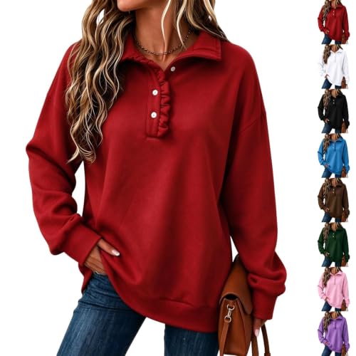 Oversized Sweatshirts for Women Button Ruffle Collar Y2K Hoodie, Red - image 1