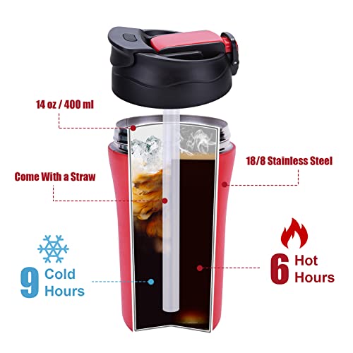 Travel Coffee Mug, 2 Pack Vacuum Insulated Coffee Travel Mug Spill Proof With Lid And Straw, 14 Oz Reusable Coffee Tumbler For Keep Hot/Ice Coffee,Tea And Beer, Car Thermos Cup Gift For Christmas #TOP3