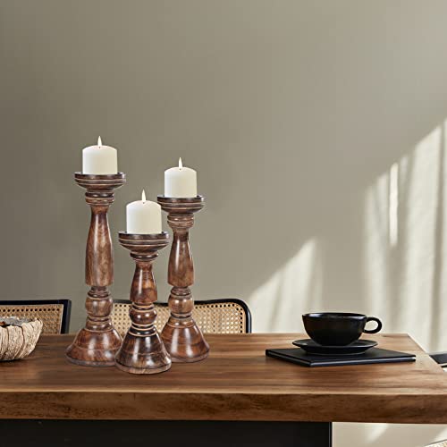 Candle Pillar Holder, Candle Holder Set Of 3, 3 Candle Holder,Fall Candle Holder,Wooden Candle Holder, Farmhouse Candle Holder, Candle Holder Set For Table Centerpiece Home Decor-16,14,12 Inch- Burnt #TOP2