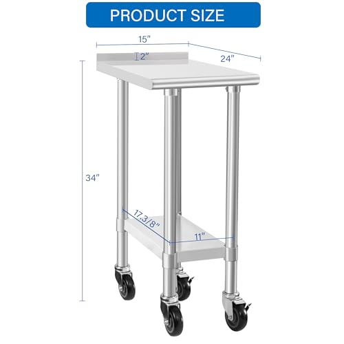 Image of HARDURA Stainless Steel Commercial Work Table with Wheels Prep & Work Metal Table 24x15 Inches Heavy Duty NSF with Casters and 2 inch Backsplash