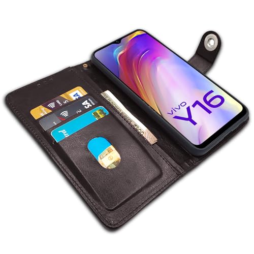 Image of Pikkme Vivo Y16 Flip Cover Leather Finish | Inside TPU with Card Pockets | Wallet Stand and Shock Proof | Complete Protection Button Flip Case (Coffee)