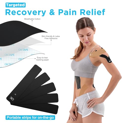 Image of OK TAPE 100Pcs Precut Kinesiology Tape Strips, Elastic Athletic Tape | for Joints Support & Muscle Pain Relief, Waterproof, Kinetic Tape for Shoulder, Knee, Ankle (Black, 2 inch x 10 inch)