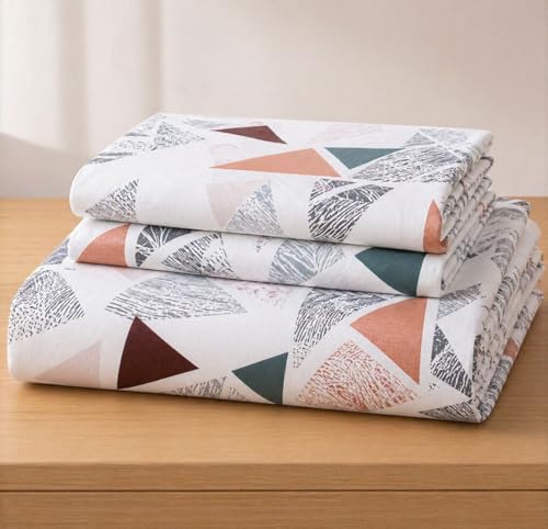 Image of Castiqa Elastic Fitted Supersoft Premium Brushed Cotton 200TC Double Bedsheets King Size 78x72 Inch with 2 Pillow Covers (Fits Upto Mattress of 8 Inches) (Green White Triangle)