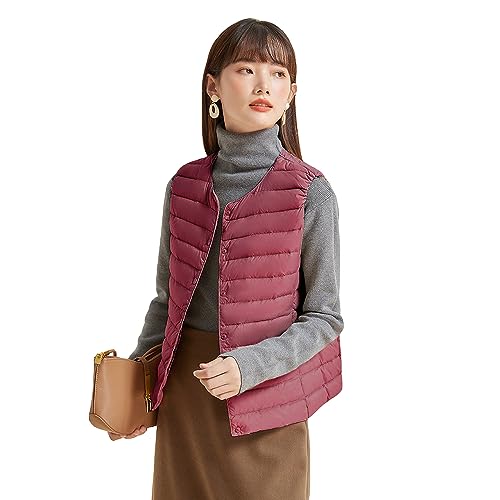 Moilyuko ウルトラライト ダウンベスト レディース ダウン ノーカラー インナーベスト 軽量 暖かい 防寒 秋冬 収納袋ポーチ付き Mo52 (JP, アルファベット, M, レッド)の商品画像（Amazon）
