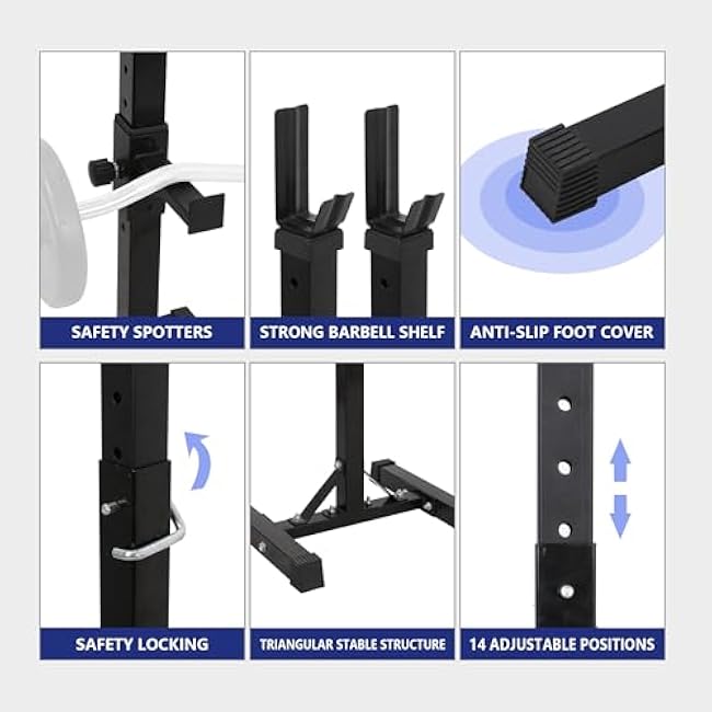 JupiterForce Adjustable Squat Rack Stands Pair of Sturdy Steel Bench Press Rack, Barbell Rack, 40''-66'' 550lbs Max Load Portable Weight Lifting Dumbbell Racks Stands for Home Gym, Black
