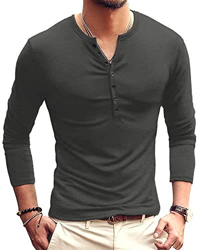 AUDATE Herren Langarm Hemd Basic Longsleeve V-Neck T-Shirt Einfarbig Langarmshirt Dunkelgrau L Cover