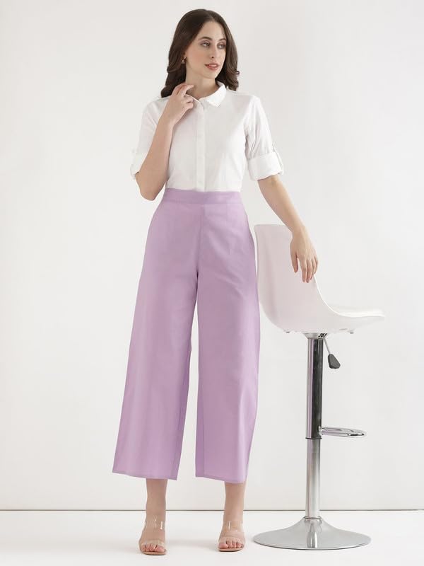Image of SAADAA Women's Relaxed Fit Mid Rise Airy Linen Wide Leg Pants, High Waist Trousers for Formal, Casual & Office Wear