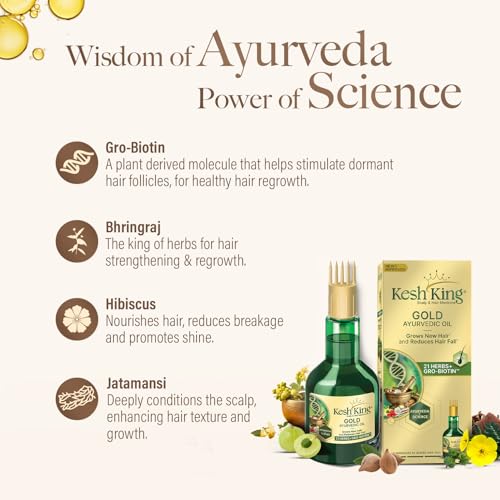 Kesh King Gold Ayurvedic Hair Oil with 21 Herbs and Gro-Biotin, Helps Grow New Hair and Reduce Hair Fall, Comes with a Hairfall Reduction Tracker, 100ml