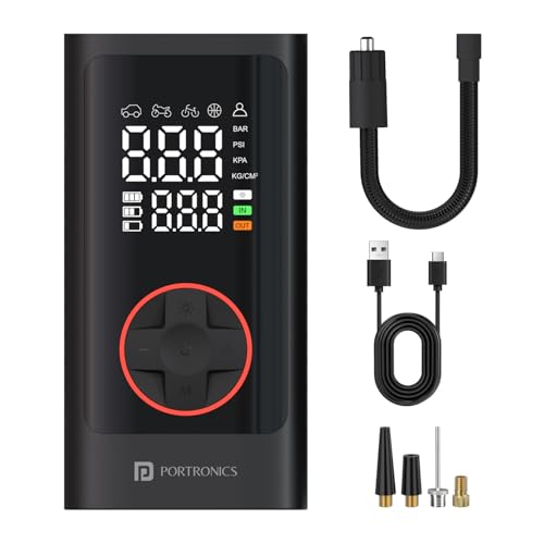 Image of Portronics Vayu 7.0 Tyre Inflator, Full-Size Digital Display, 4000 mAh Battery, 150 PSI Pressure, Preset Modes, Flashlight with SOS, Pressure Detection, for Cars, Bikes, Bicycles & Balls(Black)