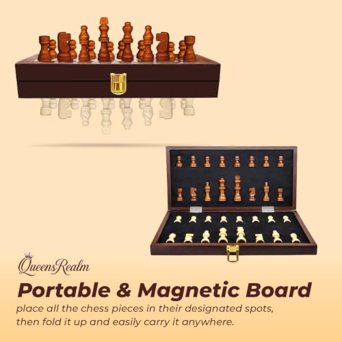 Image of QueensRealm 16 Inch Chess Board Set - Large Wooden Handmade Magnetic Foldable Chessboard for Kids & Adults, 16 Inch x 16 Inch Compact & Portable Travel Chess with Inbuilt Storage (Wooden)