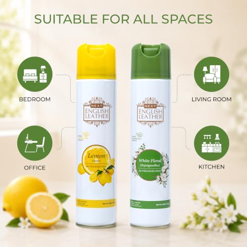 Image of Next Care English Leather Air Freshener Spray 220ml | Long Lasting Room Freshener for Home, Office & Car | Odour Eliminator (Lemon & White Floral)