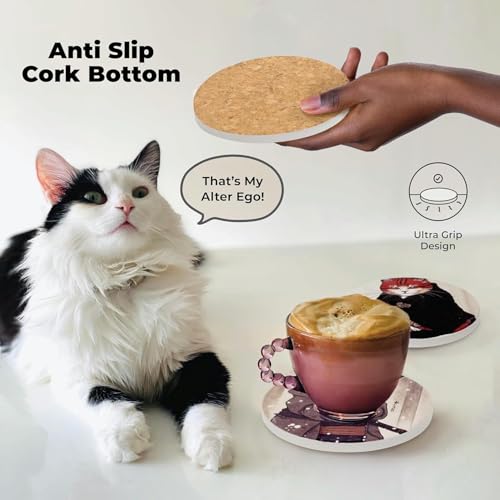 Image of Cat Tea Coasters Ninja Edition - Anime Cat Decor - Set of 6 Drink Wood Coasters with Holder Black