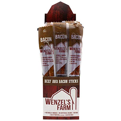Wenzel’s Farm Bacon and Beef Snack Sticks │Made in the USA Snack Sticks │ Flavorful, Naturally Smoked │ High Protein, Low Carb │ No MSG, Fillers, Binders, Artificial Colors │ Gluten Free | 32 sticks (16 packs of 2)