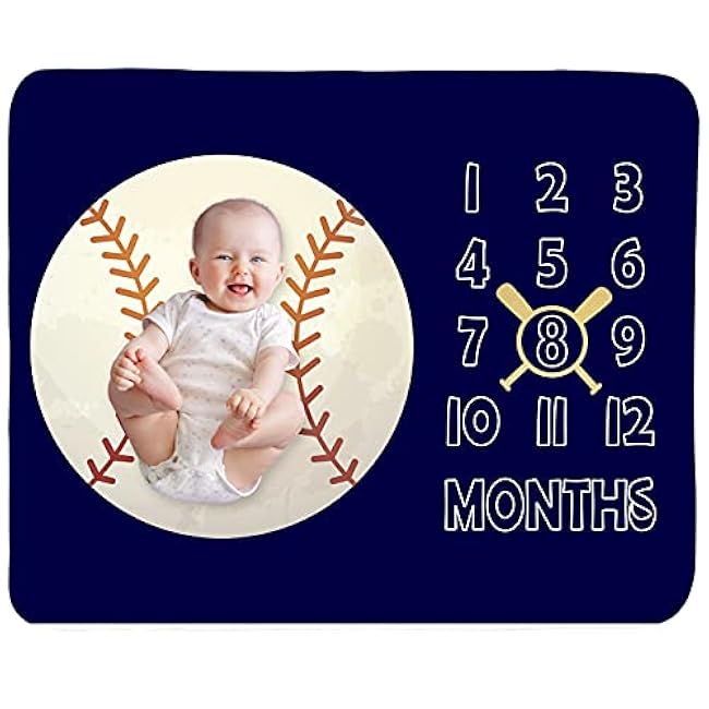 Baby Monthly Milestone Blanket Boy - Newborn Month Blanket Unisex Neutral Personalized Shower Gift Baseball Sports Nursery Decor Photography Background Prop with Frame Large 51''x40''