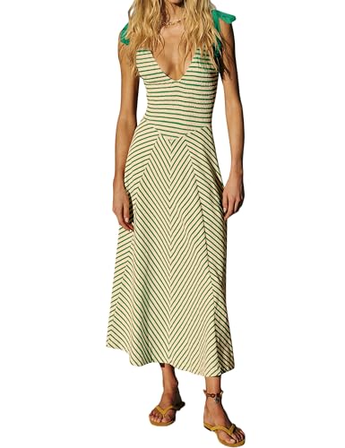 Image of Women Summer Flowy Striped Dresses Smocked V Neck Tank Top Beach Dress Sleeveless Sundress Long Dress with Pockets