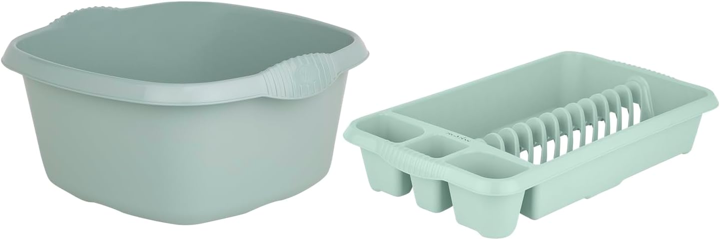 Set of 2- Upcycled High Grade Plastic Kitchen Medium Dish Drainer with 32 cm Square Washing Up Bowl (Silver Sage)