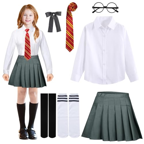 SPHERETRON Zauberer Set 5 Stück Zauberer Cosplay Kostüm Zauberer Outfit Halloween Kostüme Mädchen Damen Faltenrock mit Brille Krawatte Socken für Kinder Erwachsene Halloween Karneval Cosplay (M)