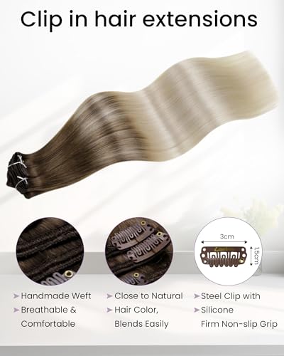 Image of LaaVoo Human Hair Clip In Extensions, For Party Wear, 20 Inch 5Pcs 80g | Muted Light Brown Blonde Ombre Real Hair Extensions Clip In Human Hair, Add Volume, Match Fine Natural Hair