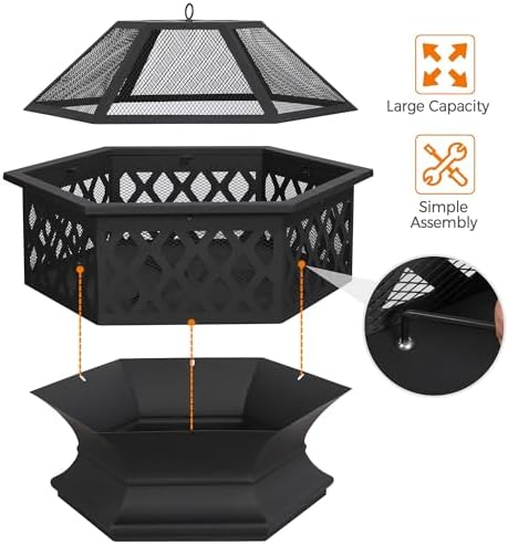 Yaheetech Hexagon Fire Pit Fireplace Portable Firepit Iron Brazier Wood Burning Coal Pit Hex Shaped Fire Bowl Stove with Spark Screen Cover for Outdoor Outside Camping Patio Garden Backyard 24in Black — view 4