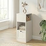 Feonase White Narrow Bedside Table with a Drawer & Open Compartment, Adjustable Slim Side Table for Small Spaces, Bedside Cabinet or End Table with Storage for Bedroom Living Room, 25x30x65cm