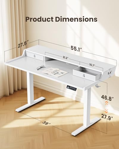 Image of ErGear Electric Standing Desk with Drawers, 55″ x 28″ Gaming Table Compatible Monitor Stand, Stand up Desks, Home Office Height-Adjustable Desk with Storage Shelf, 4 Preset Heights, White