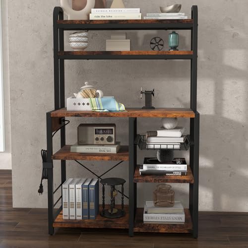 Garvee Estantería de Panadería con Toma Corriente,Muebles de Cocina,Estantes Abiertos y Cesta de Alambre,para Cocina y Comedor, 90 * 40 * 150 cm(Marrón) - imagen 5