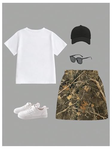 Image of WDIRARA Girl's 2 Piece Outfits Letter Graphic Print Short Sleeve T-Shirt and Camo Print Cargo Skirt Set