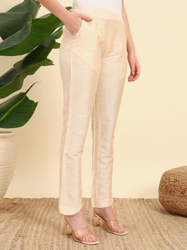 Image of Vogaan Women's Cotton Silk Pant | Half-Elasticated Waist Slim Fit Trouser for Women | Casual Pocket Pants for Office Formal Daily Use