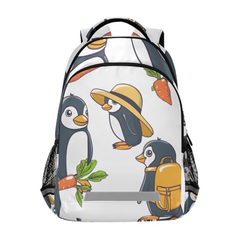 ISAOA Mochila escolar con diseño de pingüino y zanahoria para niños y niñas, mochila informal con tira reflectante, Pingüino zanahoria, 29.5cm*17.5cm*42.5cm