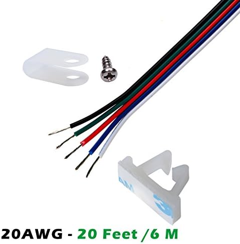 RGBW Extension Cable 5 Conductor UL Listed, Hook-up Wire 20 AWG (0.5 mm2) with Mounting Clip, Fixing Screw and Cable Tie, Best for Strip Light Wiring, 20ft / 6 Meter, Reel Packing