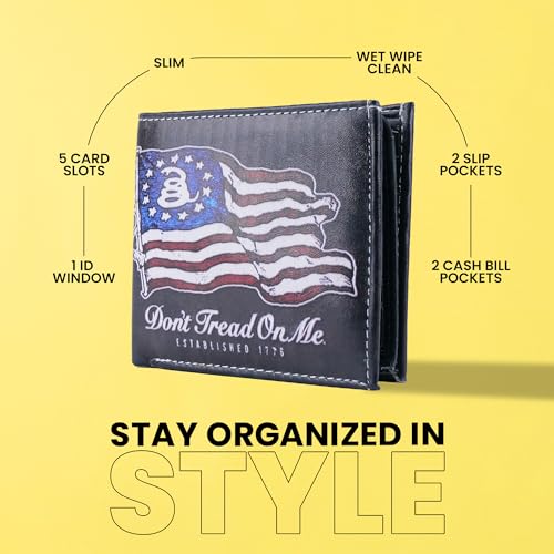 Li Bifold Wallet Vegan Leather Wallet - Don't Tread Flag Design Men Wallet Slim with top-flap 2 ID Windows, 7 cards, 2 side slots, 2 cash pockets - Timeless slim wallet with Gift Box3