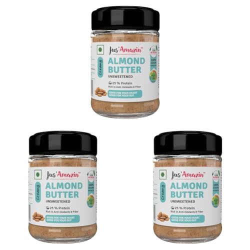 Image of Jus' Amazin Creamy Almond Butter - Unsweetened (125 g) | 25% Protein | Only Pure Whole Almonds | Zero Additives /Chemicals |Plant Based, Dairy Free, Keto | Clean Nutrition, 0% Chemicals (Pack of 3)