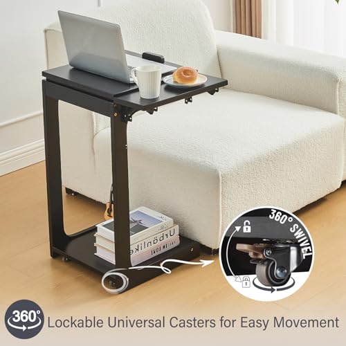 Image of Uniclinens C Shaped End Table for Couch, Rolling Side Table with Wheels Adjustable, Solid Wood TV Sofa Arm Eating Tray Table for Multi-Purpose, Small Coffee Table Living Room Bedroom, Black
